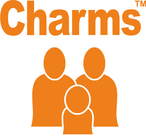 Charms logo with an orange family and circle, illustrating a social enterprise dedicated to enhancing community software solutions