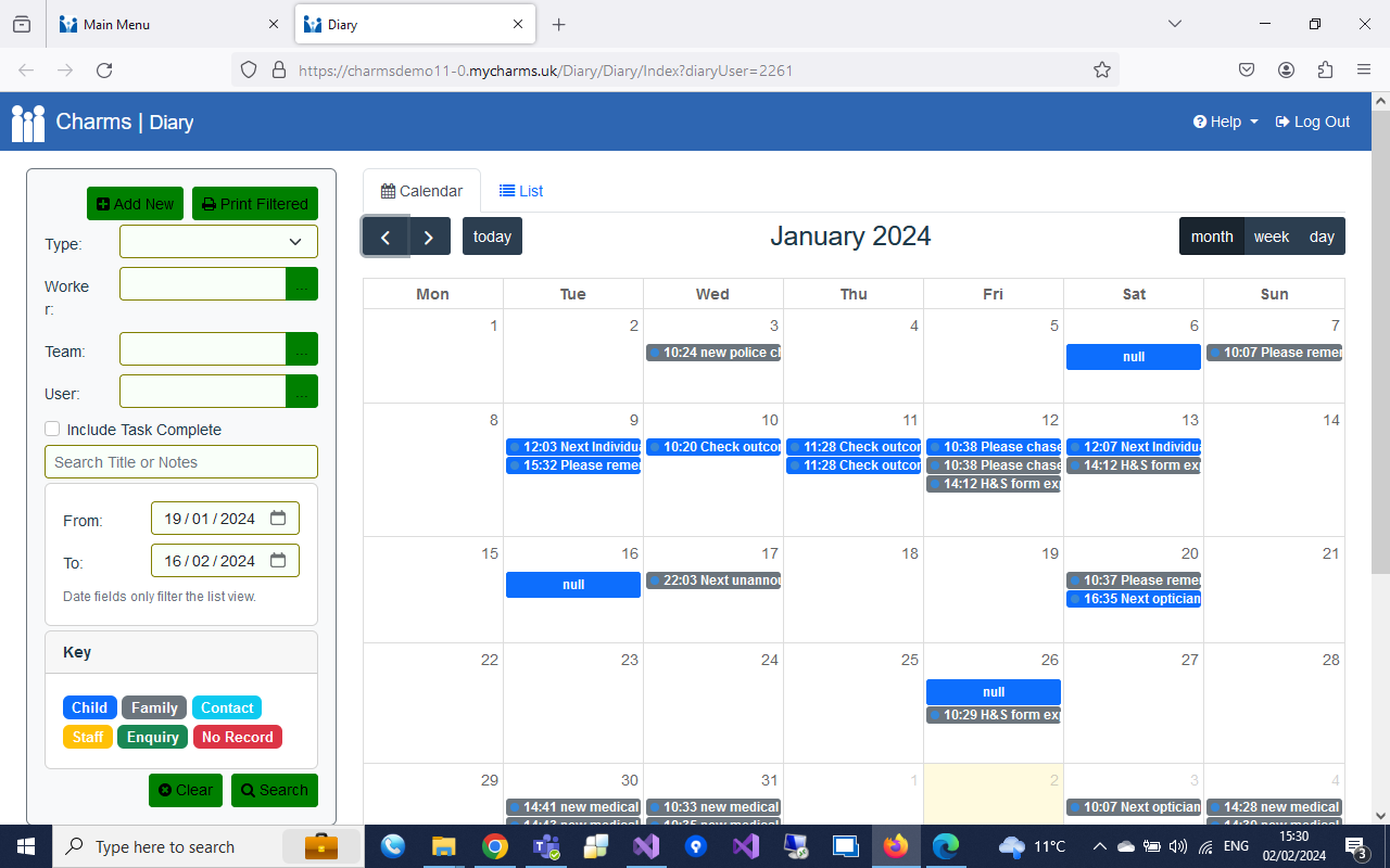 diary page in CHARMS content managemnent system