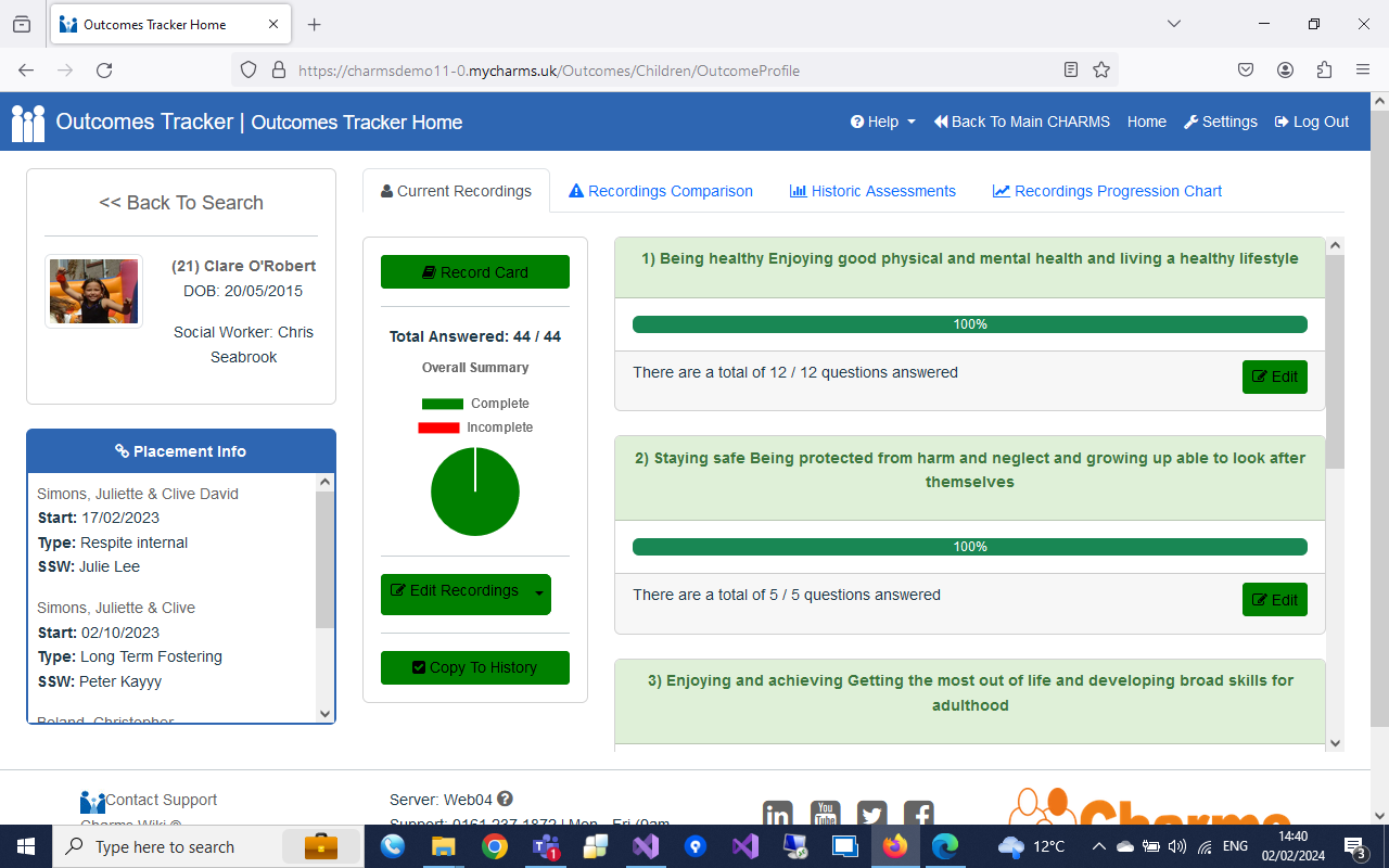 screen showing how to track cared for child outcomes 