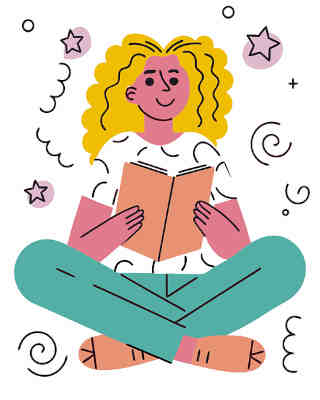 cartoon teenage girl reading a book in a happy space